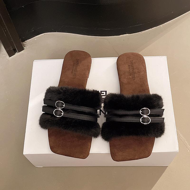 2025 Winter New One-word Drag Rubber and Casual Fashion Comfortable Wear-resistant Half Slippers Versatile Outer Wear Suede