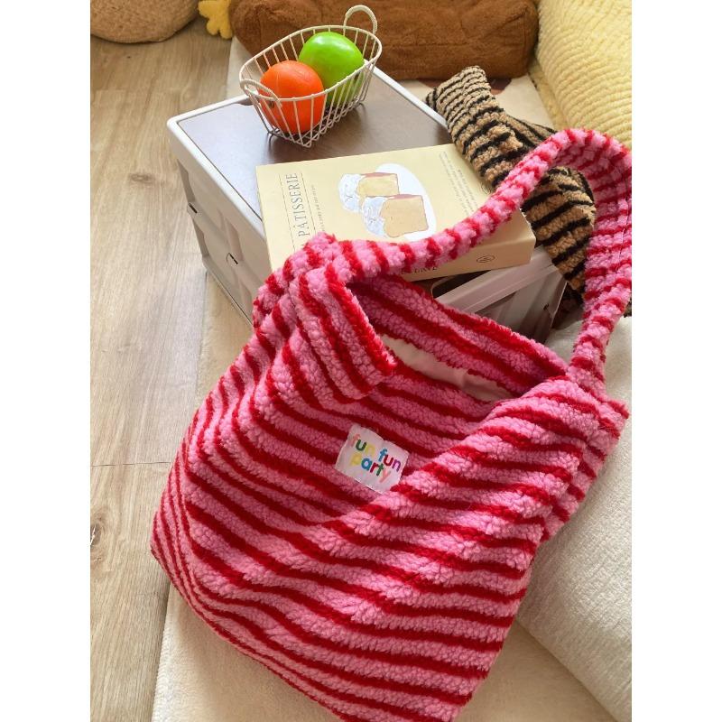 Soft Plush Stripe Women's Shoulder Bag Large Capacity Ladies Shopping Bags Cute Female Travel Tote Faux Lamb Wool Handbags Purse