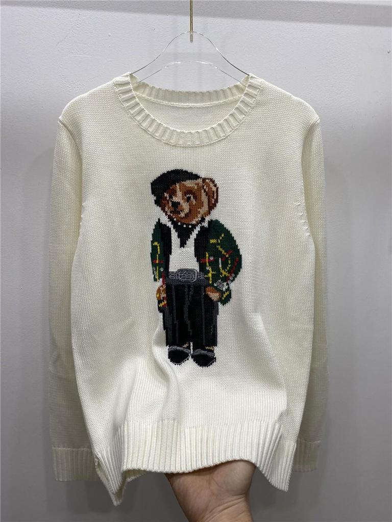 Cartoon Bear Embroidered Jacquard Knit Sweater - Women's Long Sleeve Round Neck