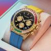 Luxury Rainbow Diamond Bezel Chronograph Watch for Men Waterproof Luminous Silicone Strap Quartz Wristwatch with Date