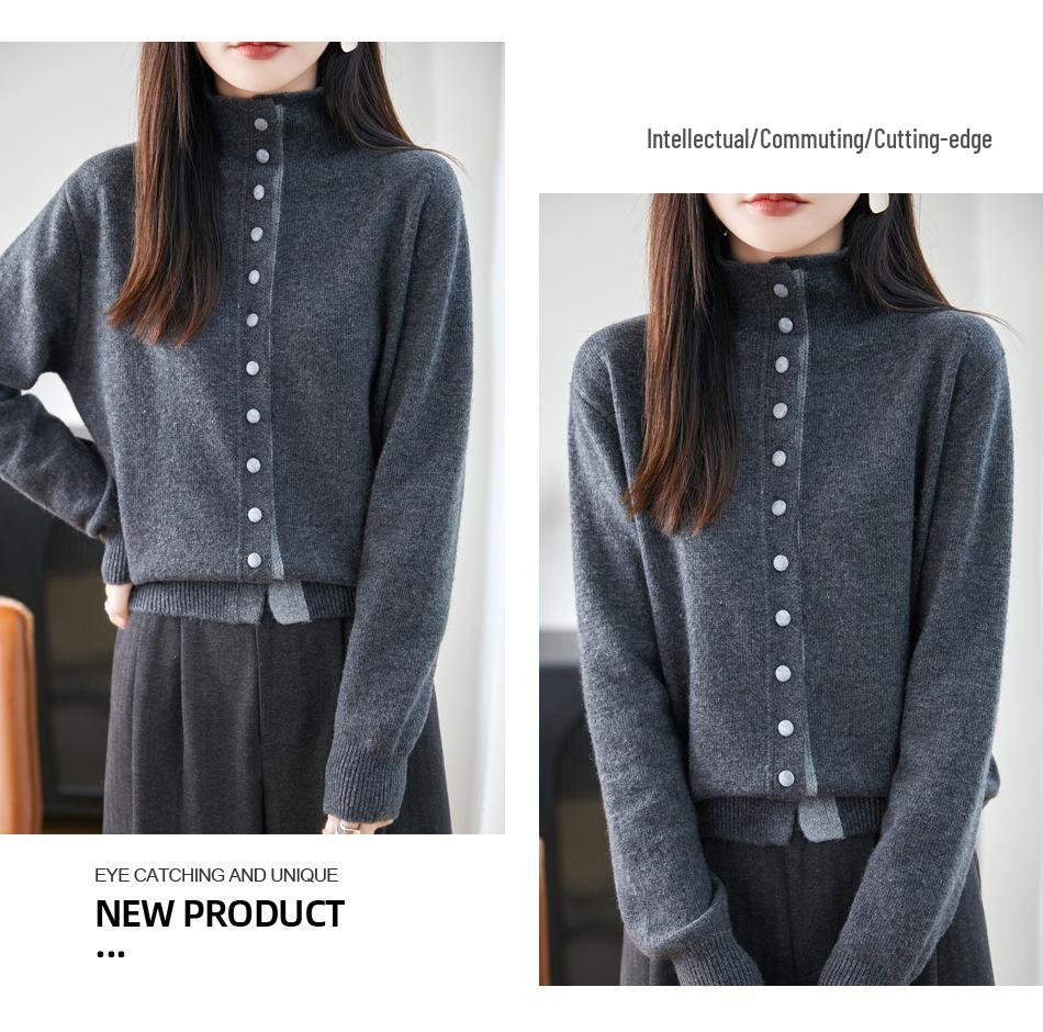 Women's 2025 French High Neck Buttoned Embroidered Woolen Knit Cardigan - Stylish, Warm Sweater Jacket