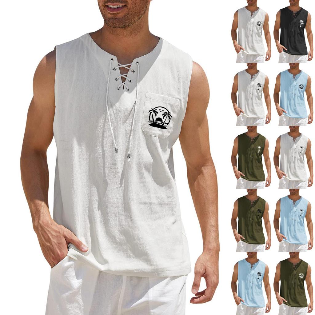 Men's Hawaiian Print Tank Top - Casual Loose Fit Sleeveless Tie Front, Hawaiian Floral Pattern Summer Beach Vacation Outdoor Sports Travel Top