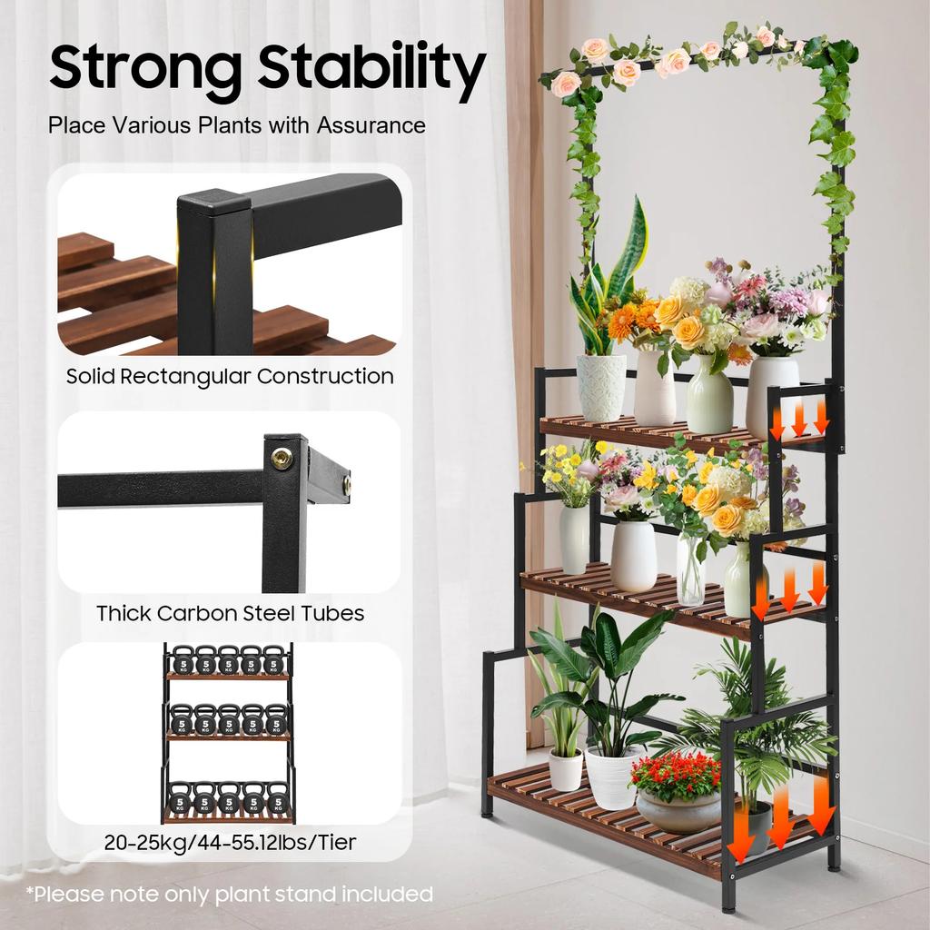 Floor Standing 3-Tier Plant Shelf Indoor Outdoor Metal Hanging Plant Stand for Multiple Plants Plant Stands for Garden Balcony