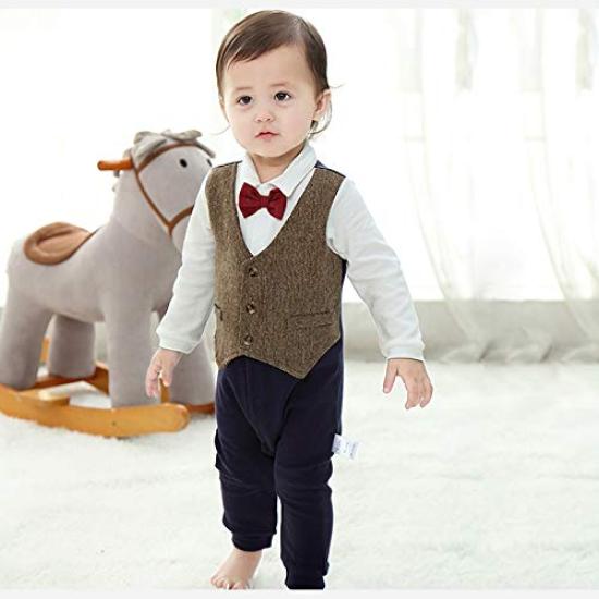 UNIMOR Formal Romper Long Sleeve with Bow Stylish for Baby Shrine and Photo Shoots Size Boys' Coverall, Gentleman-Style Tie, Showers, Weddings,