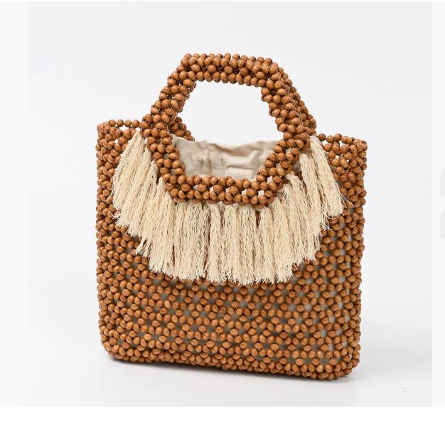 NEU Damen Gewebt Quasten Design Ausgeschnitten Holzperlen Tragetasche Eimer Schultertasche Damen Netzartiges Netzgewebe Strand Handtasche