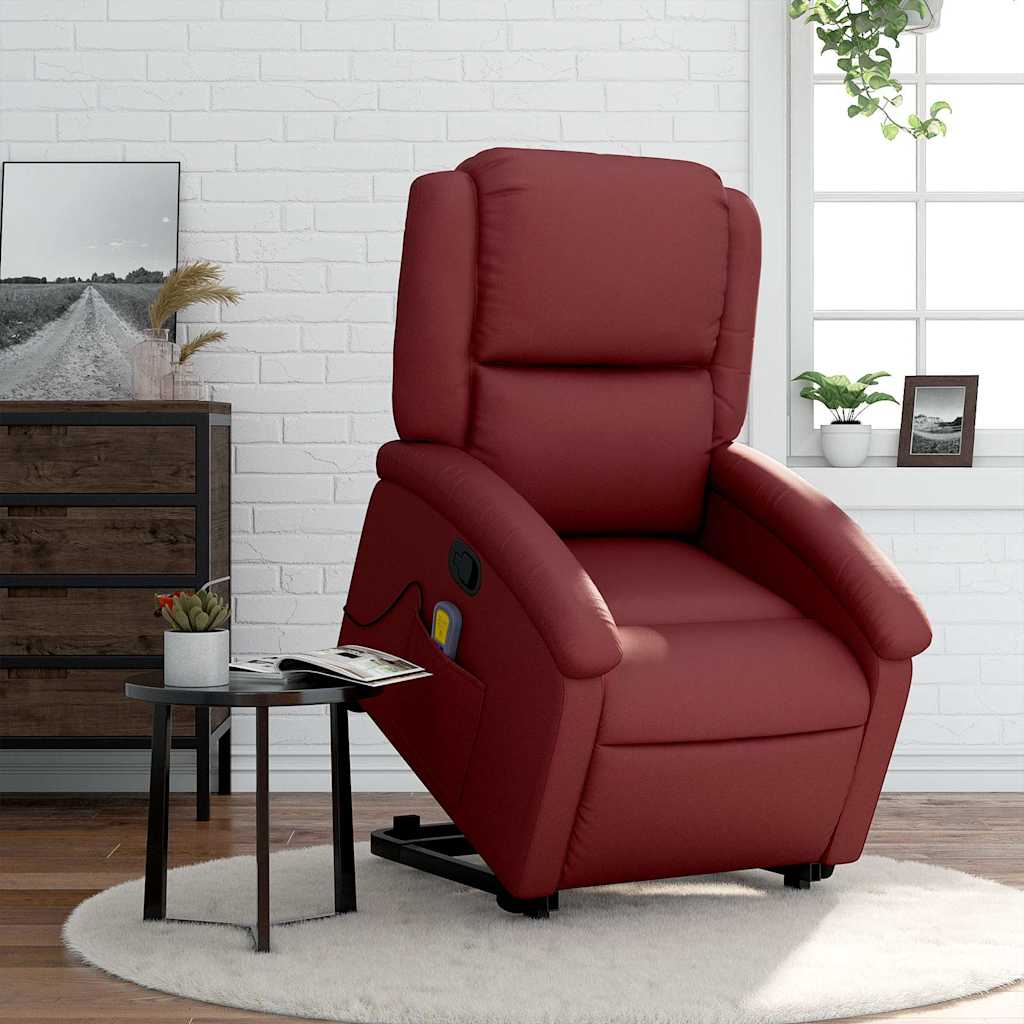 Massage Recliner with Rising Function Burgundy Artificial Leather