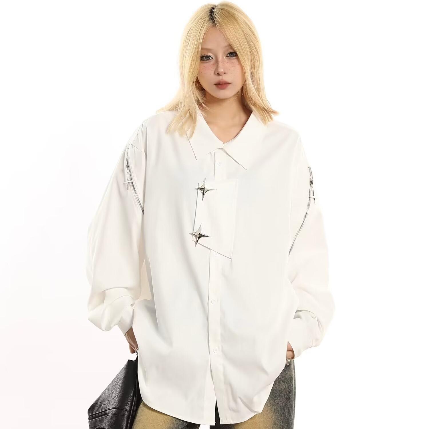 

Рубашки унисекс в стиле ретро со звездами и пуговицами на молнии для мужчин и женщин, повседневные свободные уличные рубашки, тонкие топы, одежда Y2K M белый