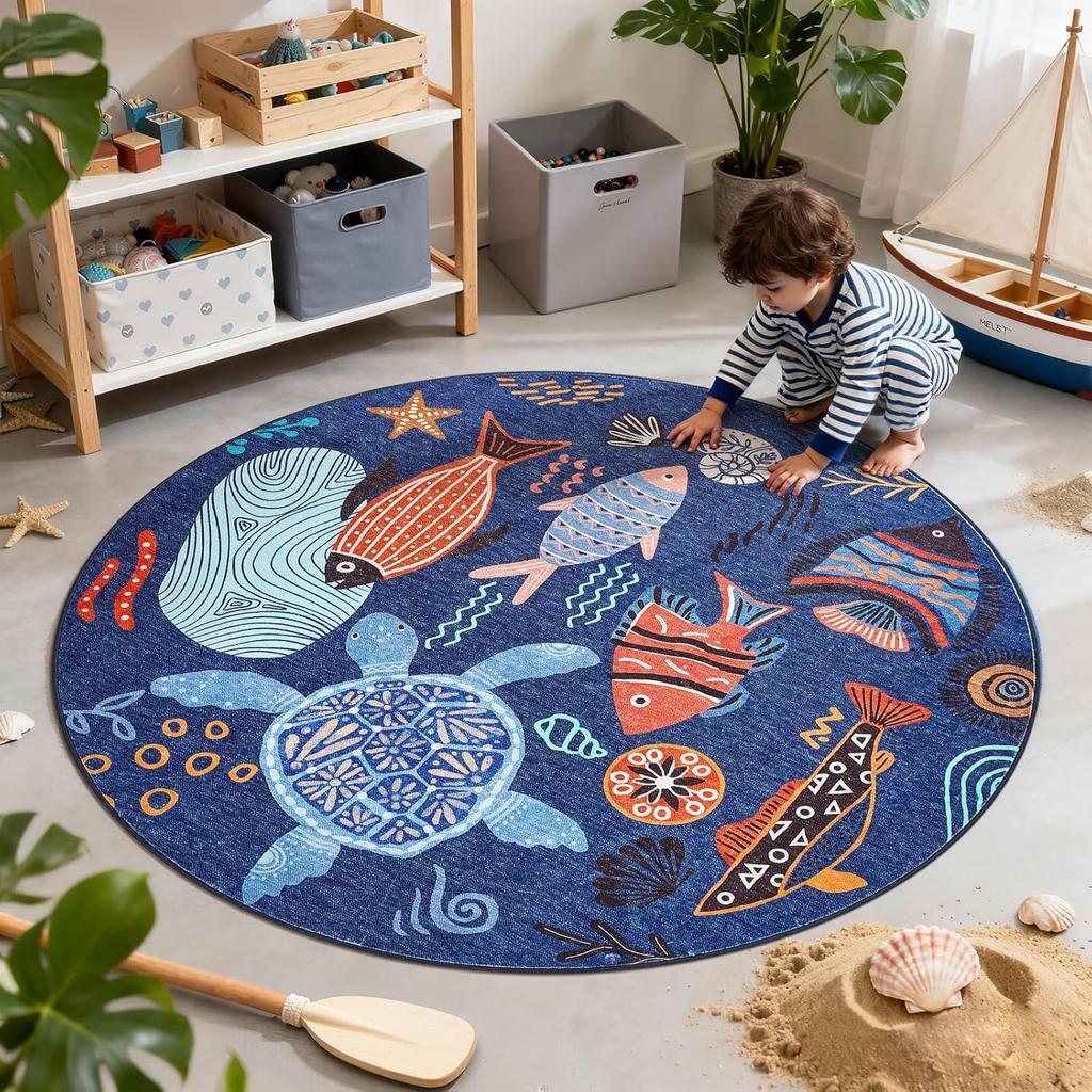 Ocean Adventure Round Rug Blue Base with Turtle Fish Starfish for Kids Playroom
