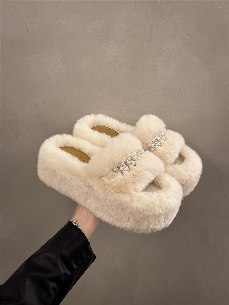 Thick-bottomed fluffy slippers for women to wear 2025 new autumn and winter Internet celebrity rhinestones with heightening home cotton slippers