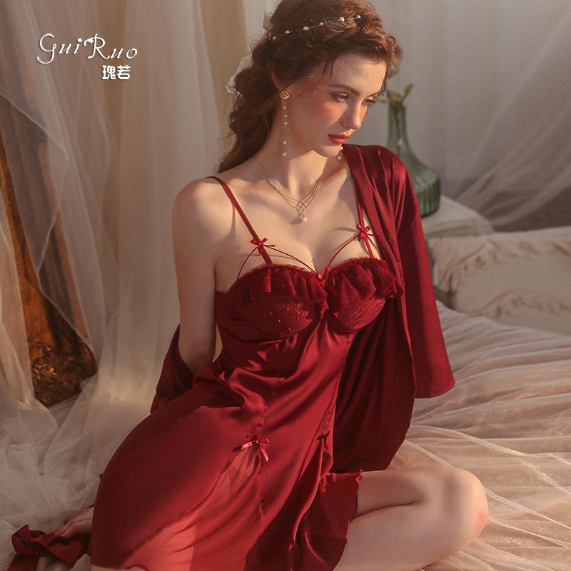 Women's Silky Push Up Padded Backless Robe Lounge Set for Spring Summer