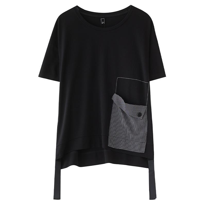 Summer All Cotton Knitted Checkered Patch Large Loose Top Front Short Rear Long T-shirt for Women