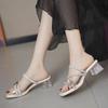 Fashion Transparent Square Heel Shoes New Summer Square Head Crystal Butterfly Knot Thin Belt Set Foot Non-slip Heel Shoes