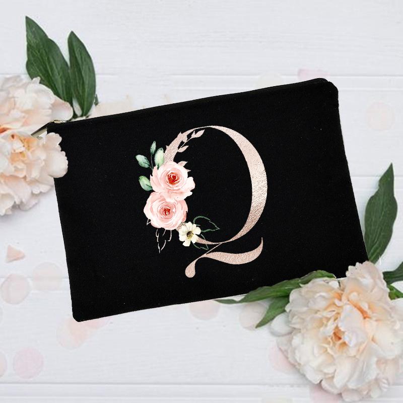 Borsa per il trucco floreale con alfabeto, damigella d'onore, damigella d'onore, festa, matrimonio, addio al nubilato, regalo, in tela, con cerniera, per cosmetici