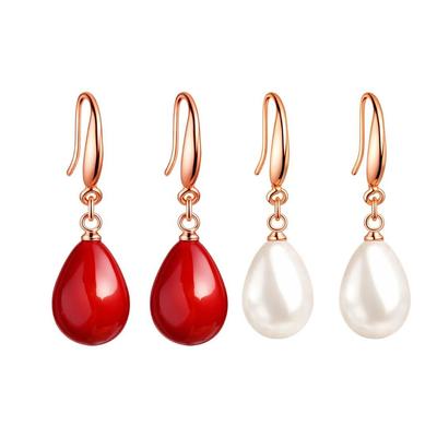 Pendientes Largos de Perla para Mujer, Pendientes Colgantes Redondos con Baño de Plata Rojo y Blanco