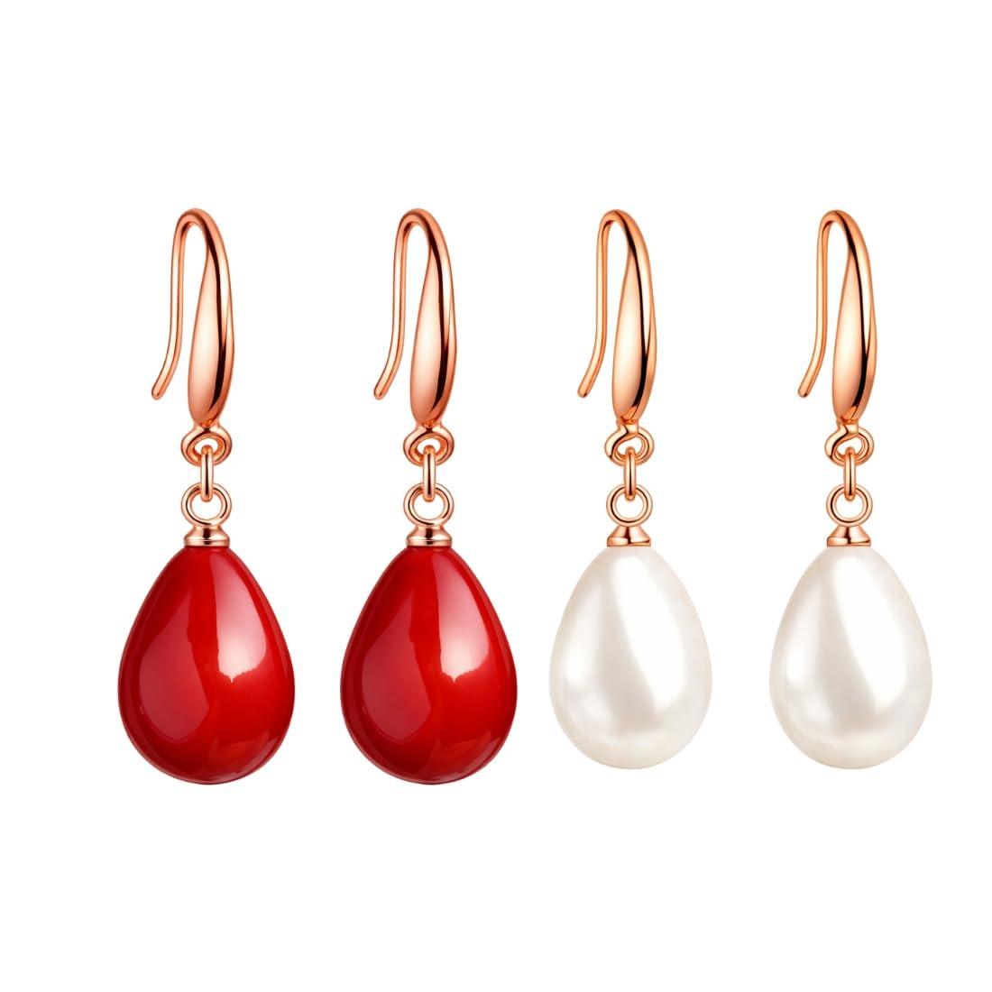 

Women s Pearl Drop Earrings, Silver Plated Round Pearl Dangle and Drop Earrings Red & White Onesize