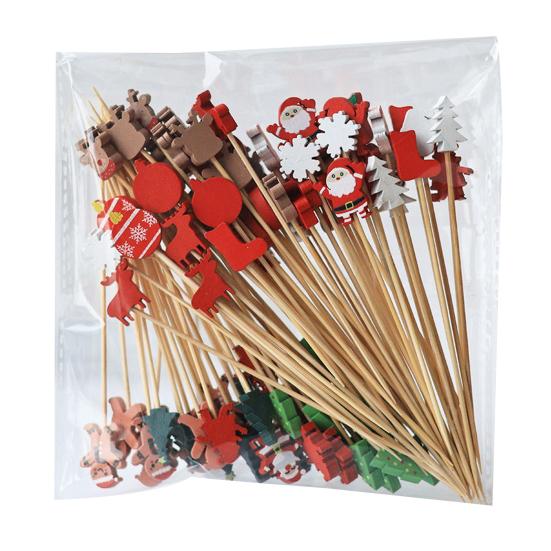 100PCS Cocktail Picks Christmas Fruit Tags Theme Disposable Bamboo