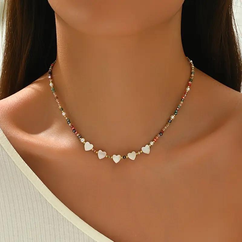 Women Fashion Colorful Beaded Heart Clavicle Necklace