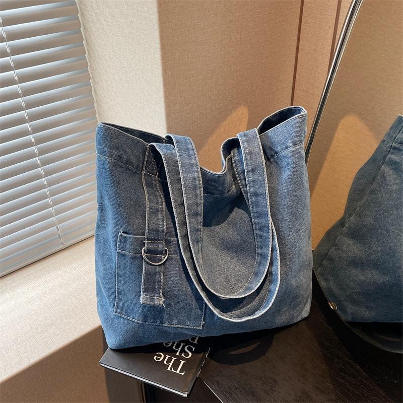 New denim shoulder bag women's casual simple girl tote bag student portable make-up bag