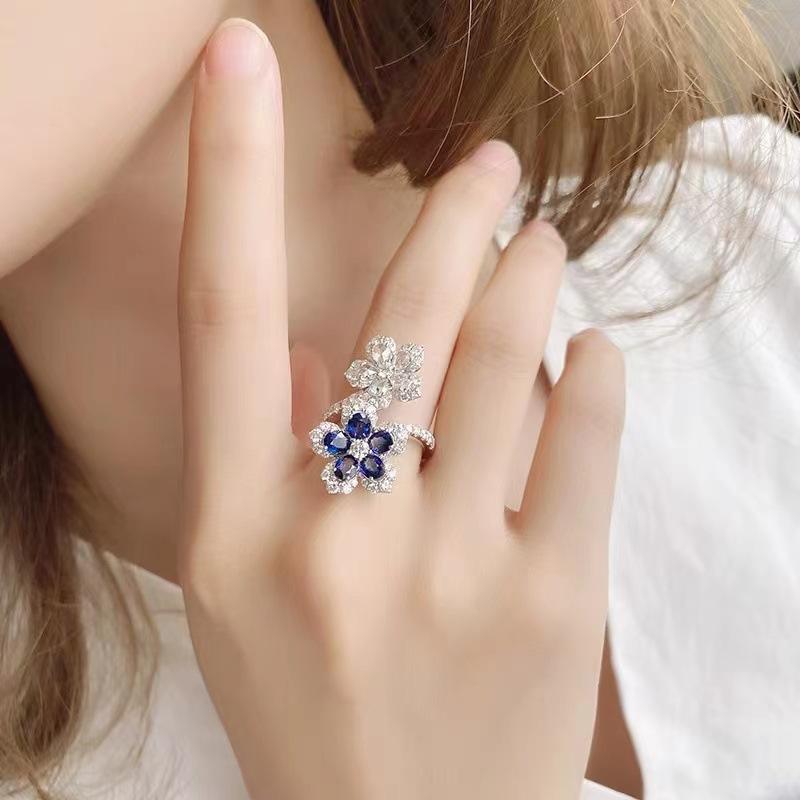 2023 Korean Fashion Temperament Blue Crystal Twisted Leaves Flowers Ring for Women  Sterling Silver  Party Ring