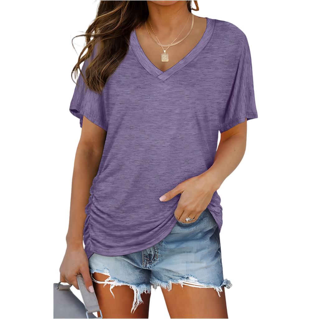 Damen Kurzarm V-Ausschnitt Oberteile mit seitlicher Raffung Bluse T-Shirt