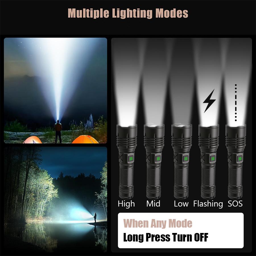 100000LM LED Flashlight USB Rechargeable Zoom Torch Strong Light Focused Light Source Can Light a Flame Waterproof Lantern