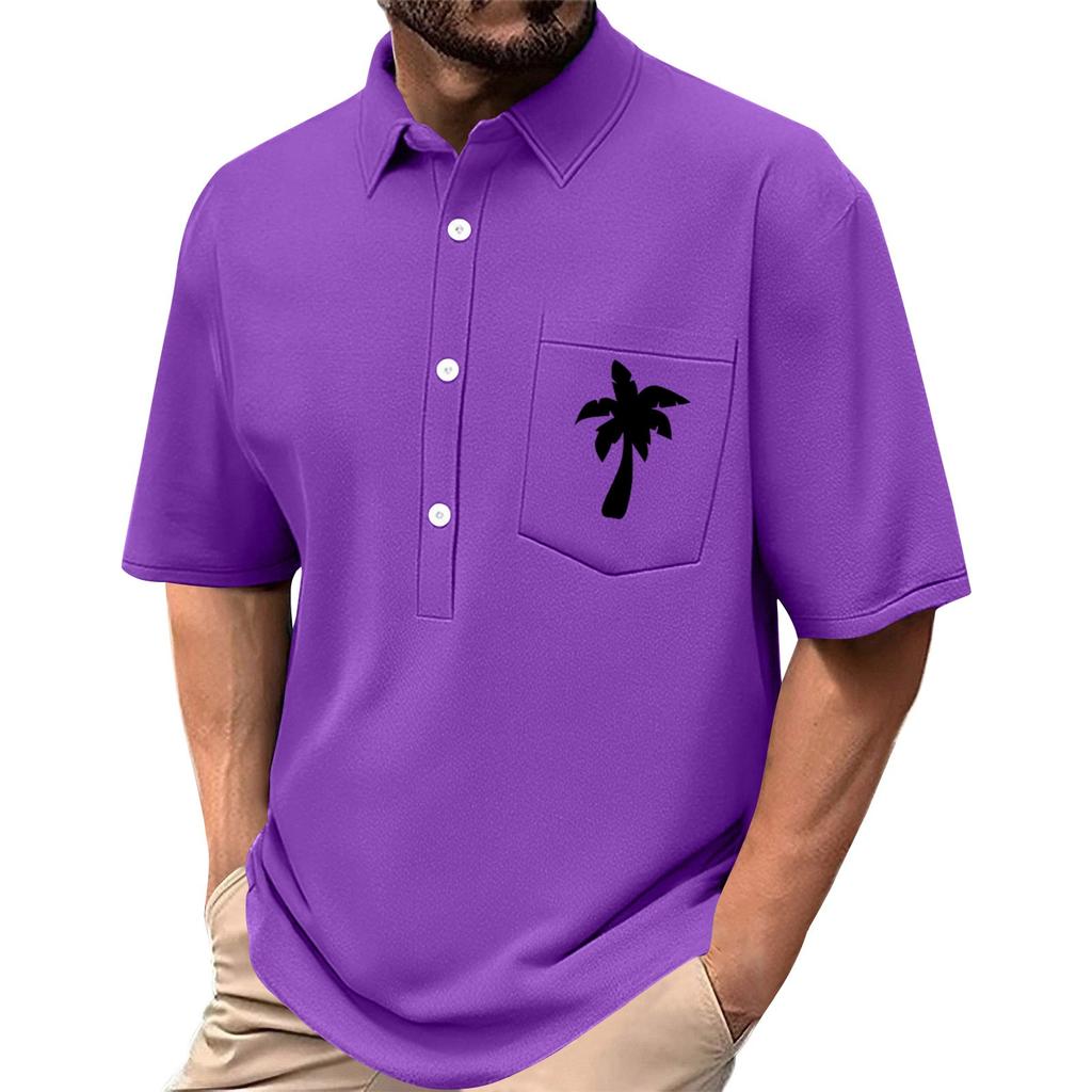 Men's Summer Solid Color Print Four-sided Stretch Lapel Button Pocket Shirt Casual Sports Short-sleeved Top