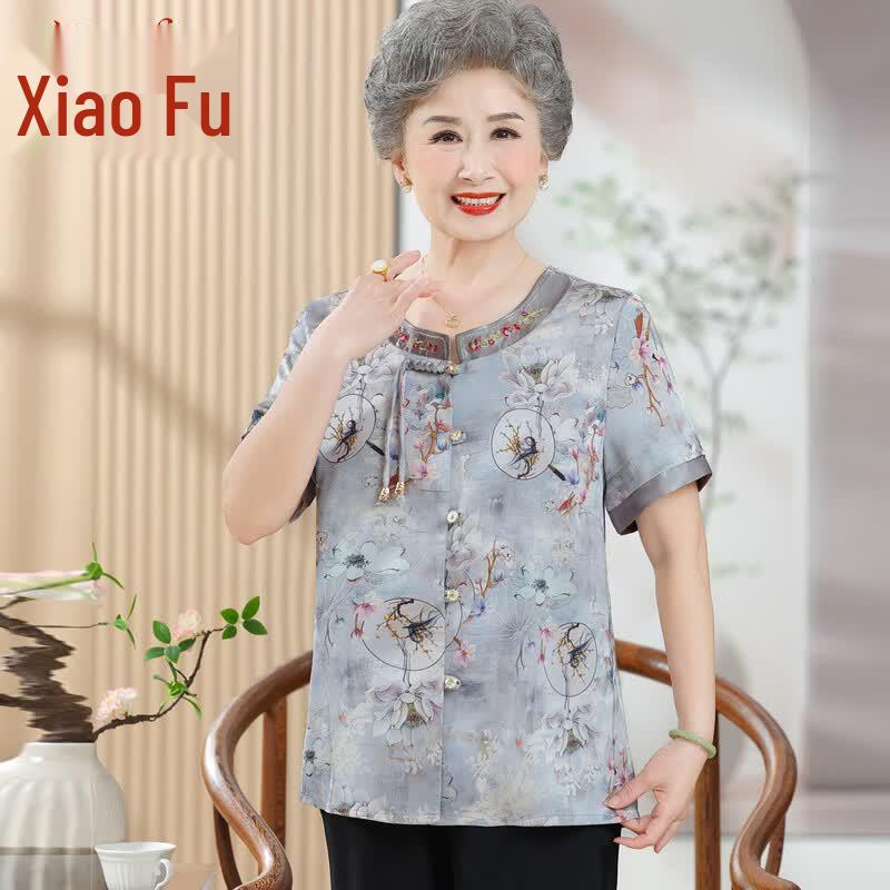 Damen Sommer Oberteil mit Blumendruck und V-Ausschnitt in Übergröße