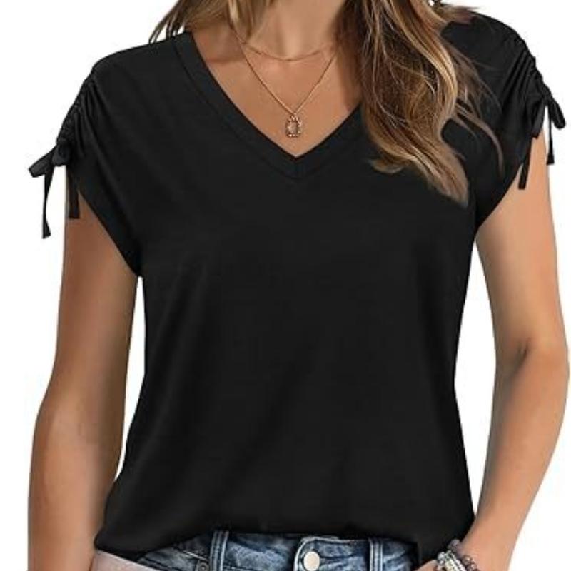 Women's Short Sleeve Top Drawstring Summer Fashion V-Neck T-Shirt