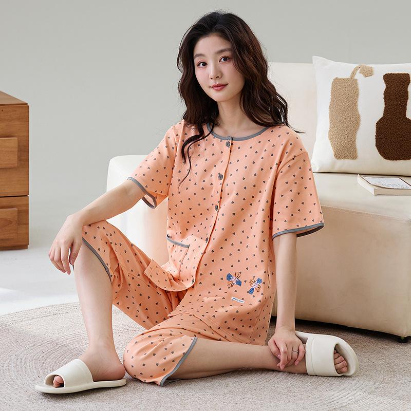 New pajamas women's summer short-sleeved cropped pants two-piece set plus size crew neck cardigan floral loungewear
