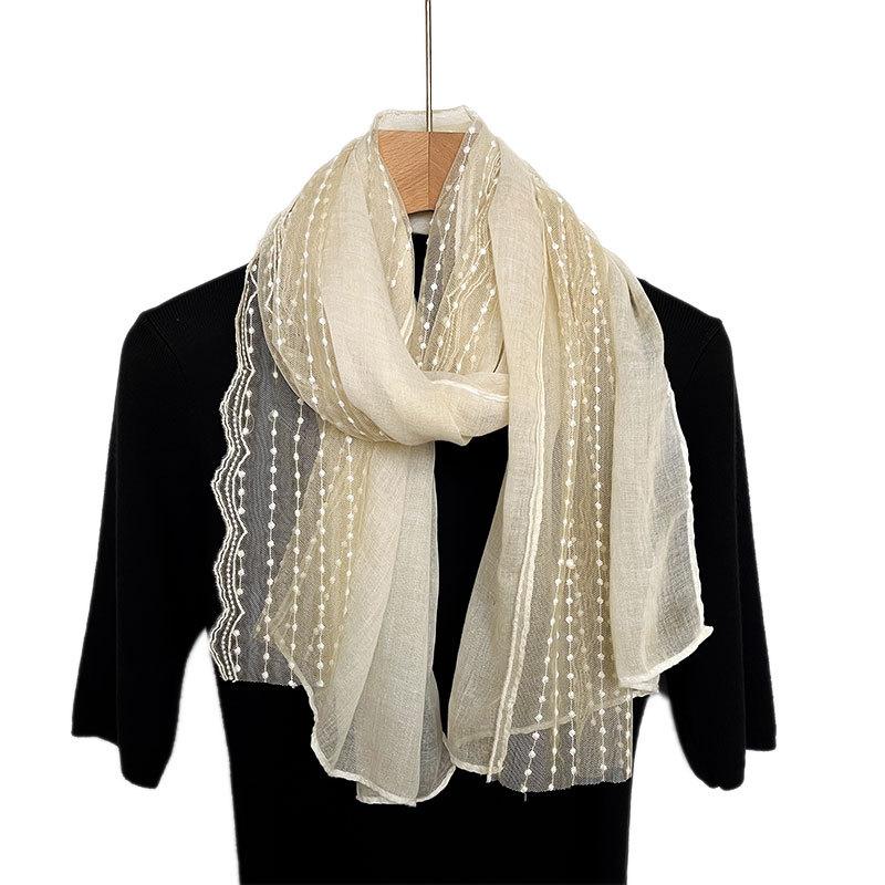 Artistic Celebrity Lace Cotton Linen Scarf for Women In Summer Air-conditioned Room Neck Protection Shawl Travel Scarf
