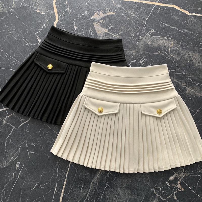 White High-Waisted Slimming Pleated Wool Short Skirt for Women, Spring/Winter Petite A-Line XL