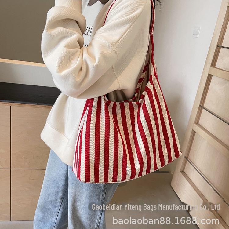 Women's Large Capacity Striped Canvas Tote Bag - 2025 Autumn Collection