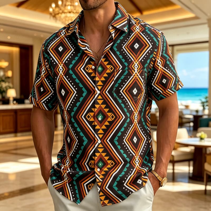 Men's Tribal Style Printed Vacation Shirt, Short Sleeved Shirt With Pockets, Suitable For Vacation Wear And Retro Ethnic Style