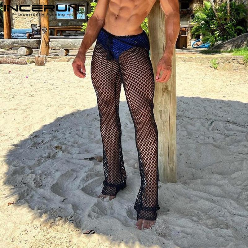 

INCERUN Мужские модные прозрачные длинные брюки, сетчатые полые брюки