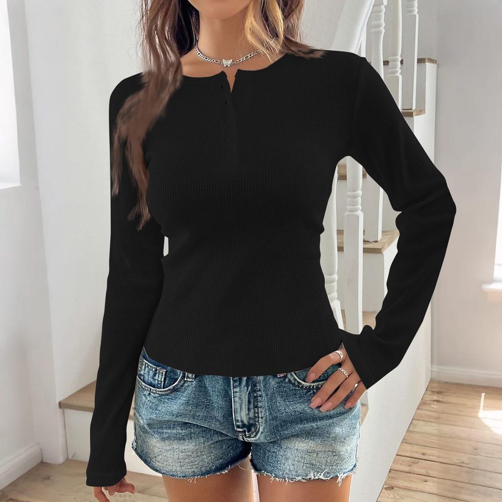 Women's Fashion Solid Color Round Neck Button Long Sleeve Top