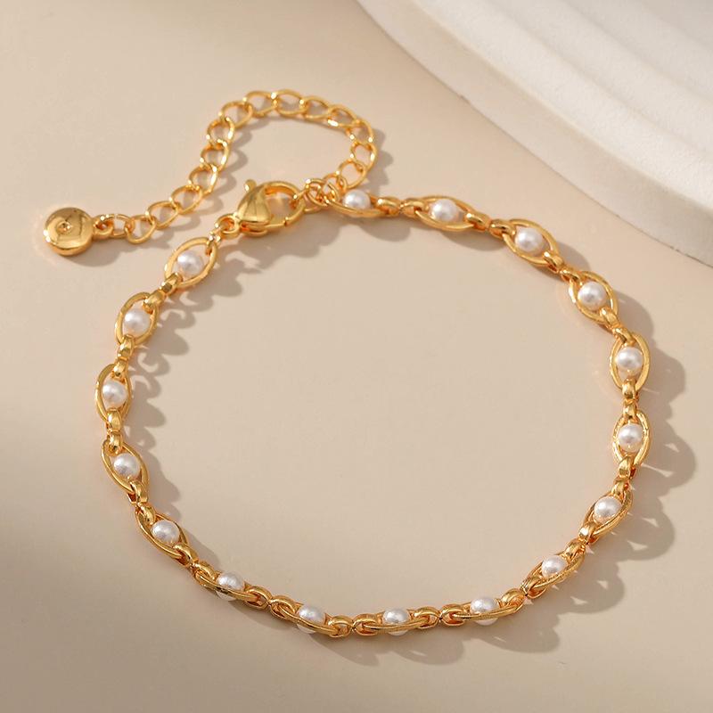 French Elegant Adjustable 18k Gold Plated Pearl Foot Anklet For Women