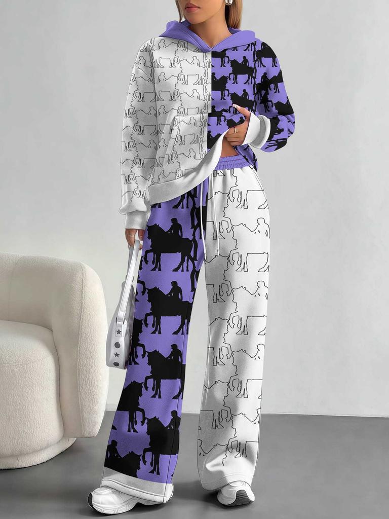 Retro Pattern Splicing European, American Autumn And Winter Casual Long-Sleeved Suit Women'S Hooded Sweater Trousers Two-Piece Set