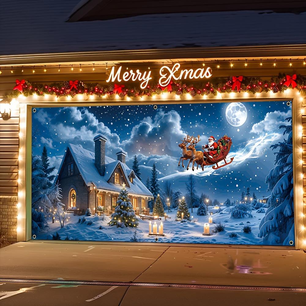 A Polyester Banner for a Christmas Garage Door Featuring Santa Claus Giving Gifts In the Night Sky Suitable for Christmas
