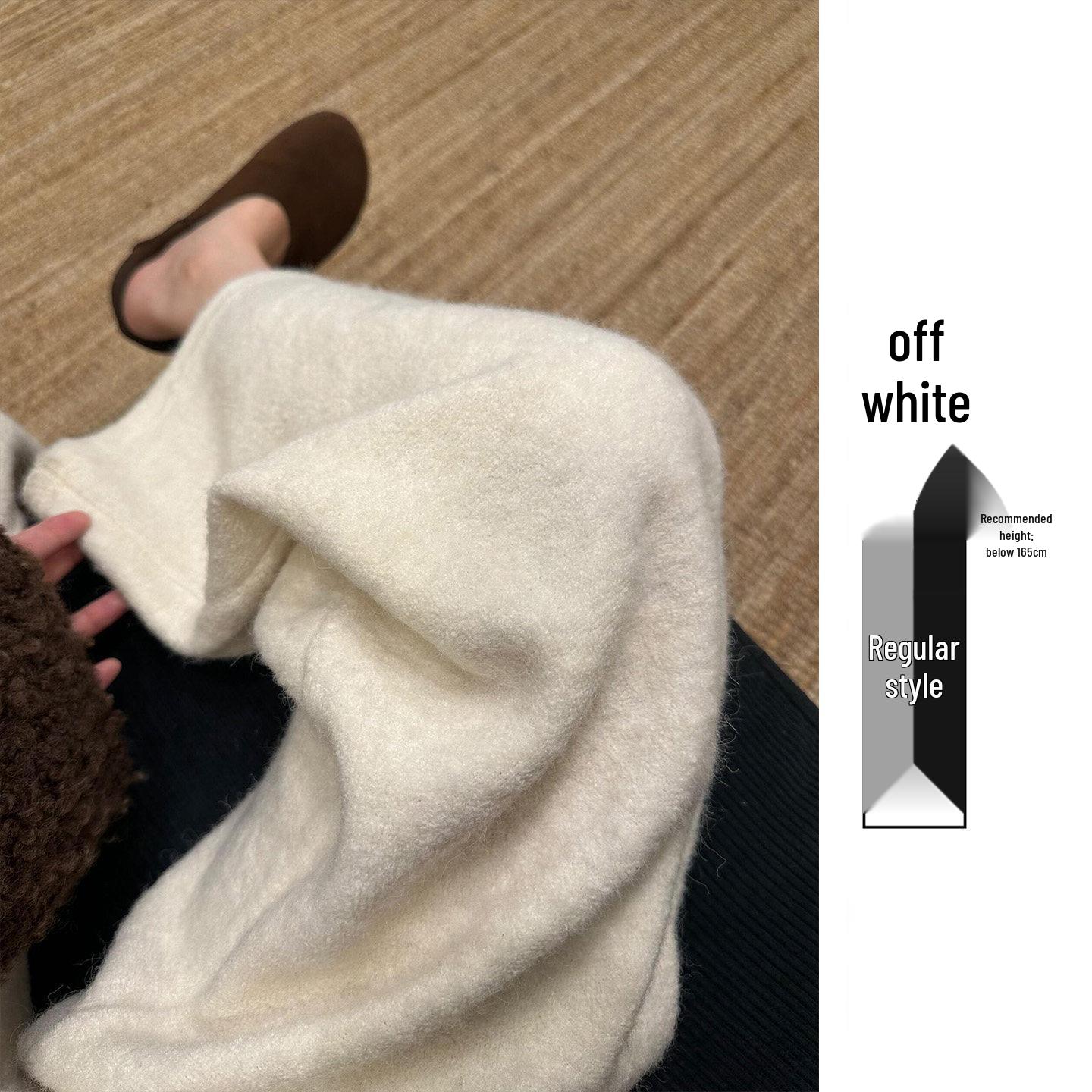 

Women s Off-white Wool Plush Wide-Leg Pants - Autumn/Winter Casual Loose Fit with Velvet Lining S 80-95 lbs