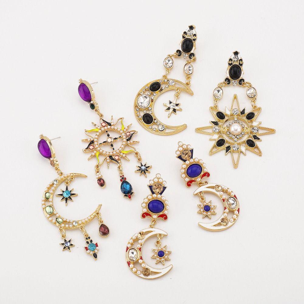 Medieval Style Dangle Earring Handmade Crystal Earrings Retro Sun&Moon Earrings  Birthday Gift