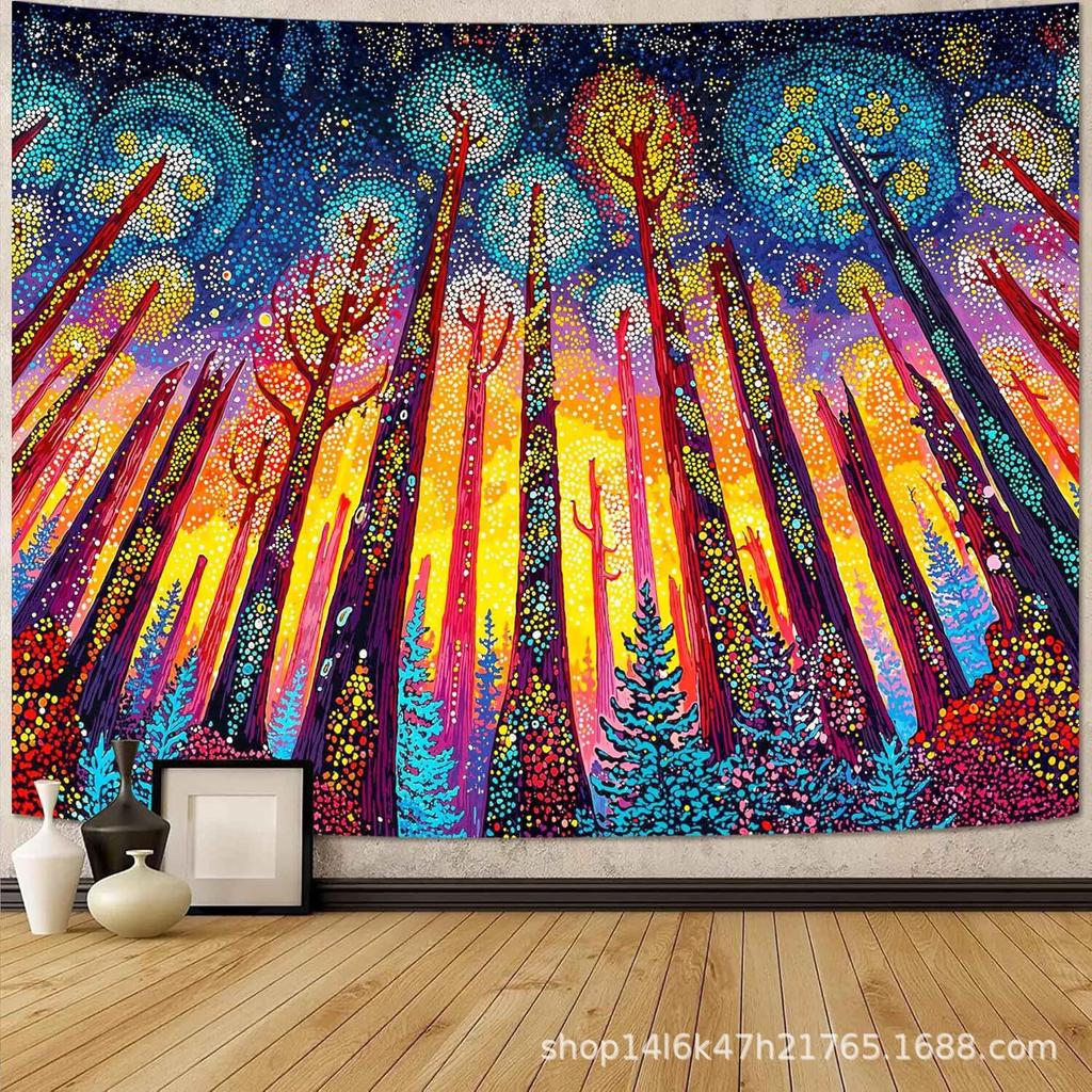 Starry Sky Sunrise Decoration Cloth Forest Wall Cloth Carpet Psychedelic Rich Colorful Background Cloth Indoor Hanging Cloth Dreamy Tapestry