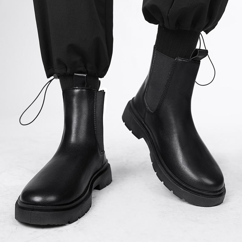 Fashion Chelsea Boots Men's Casual Leather Biker Boot High Top Slip-on Popular Trendy All-match Street Fashion Waterproof Anti-wear Shoe
