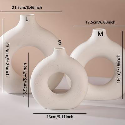 1pc White Ceramic Vases For Home Decor, Modern Decor Frosted Circle Vase, Minimalist Nordic Donut Vase, Decorative