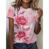 Ladies' Pink Rose Printed Short Sleeved T-shirt