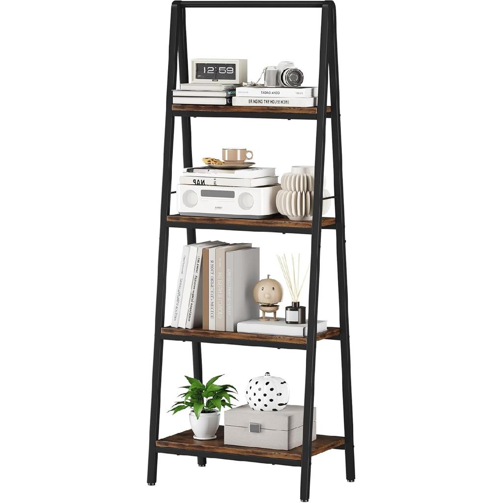 YIJIALEA Ladder Shelf, 4-Tier Leaning Ladder Bookshelf, Rustic and Wood Ladder Shelf Bookcase, Industrial Ladder Shelf Storage Rack for Home Office,
