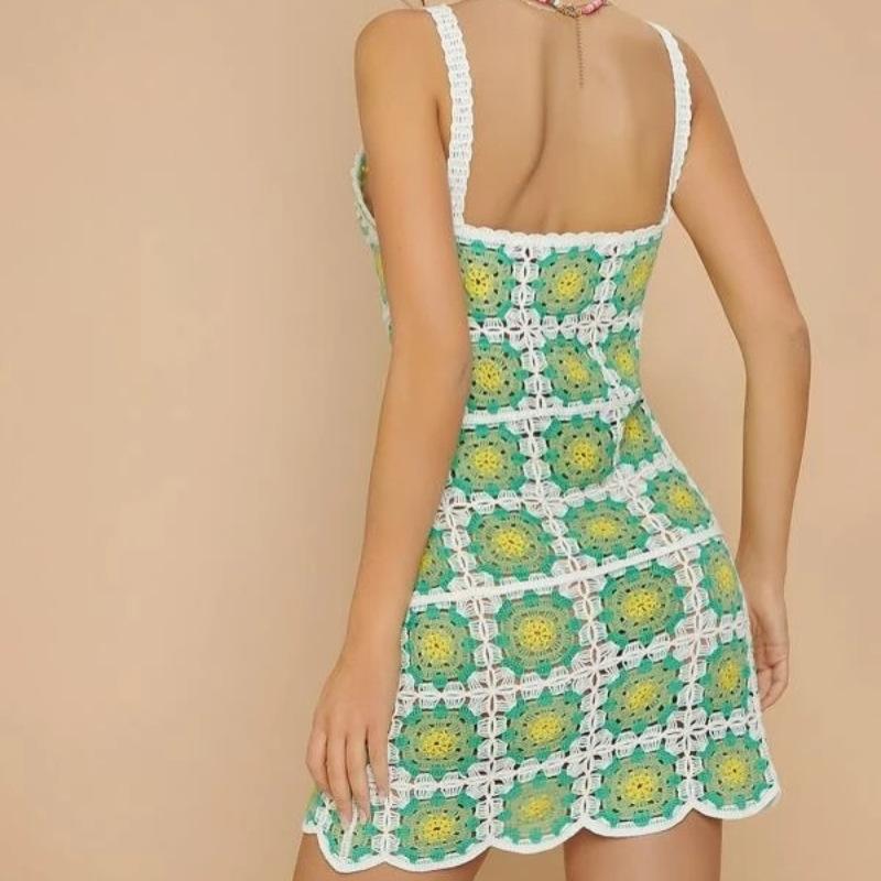 Summer Women's Craft Crochet Square Sexy Backless Halter Dresses