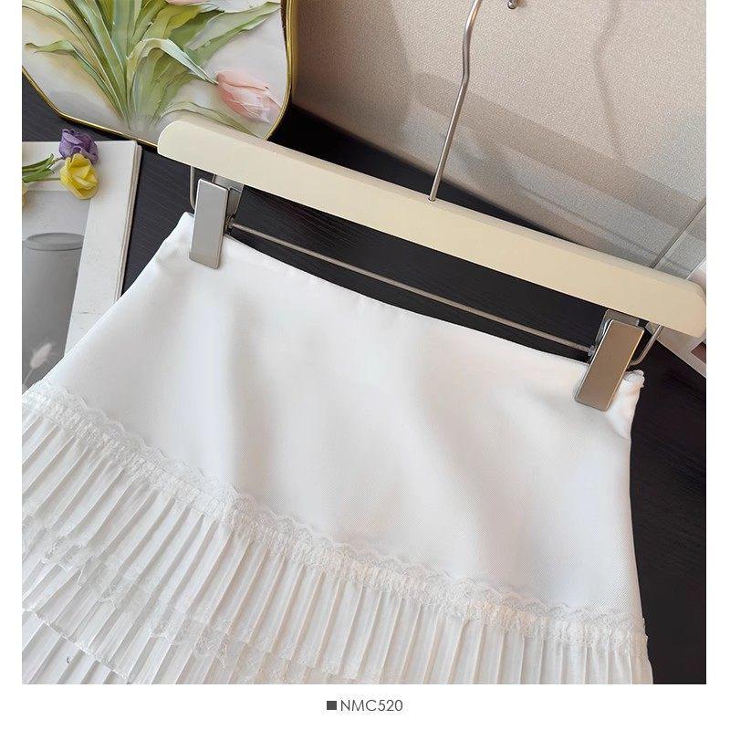 Autumn Lace Trim High Waist A-Line Pleated Skirt for Women, Plus Size, Anti-Exposure