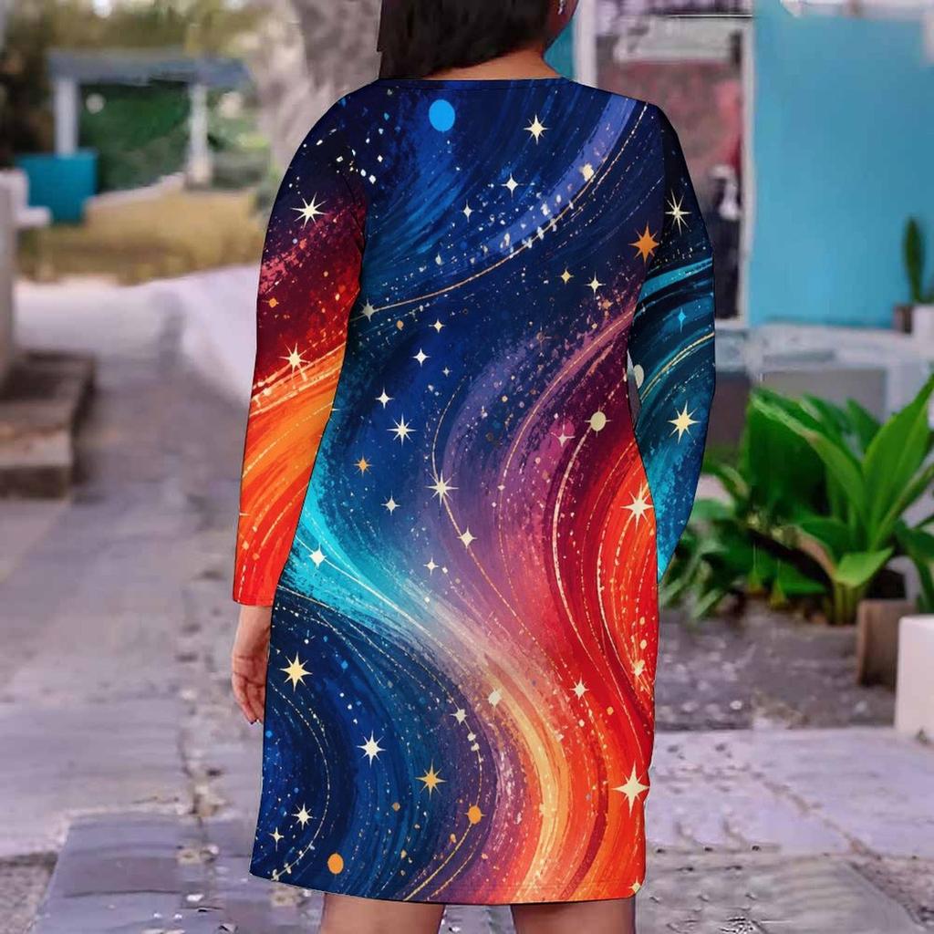 Women Plus Size V Neck Long Sleeve Navy Blue Red White Printed Fitted Straight Dress
