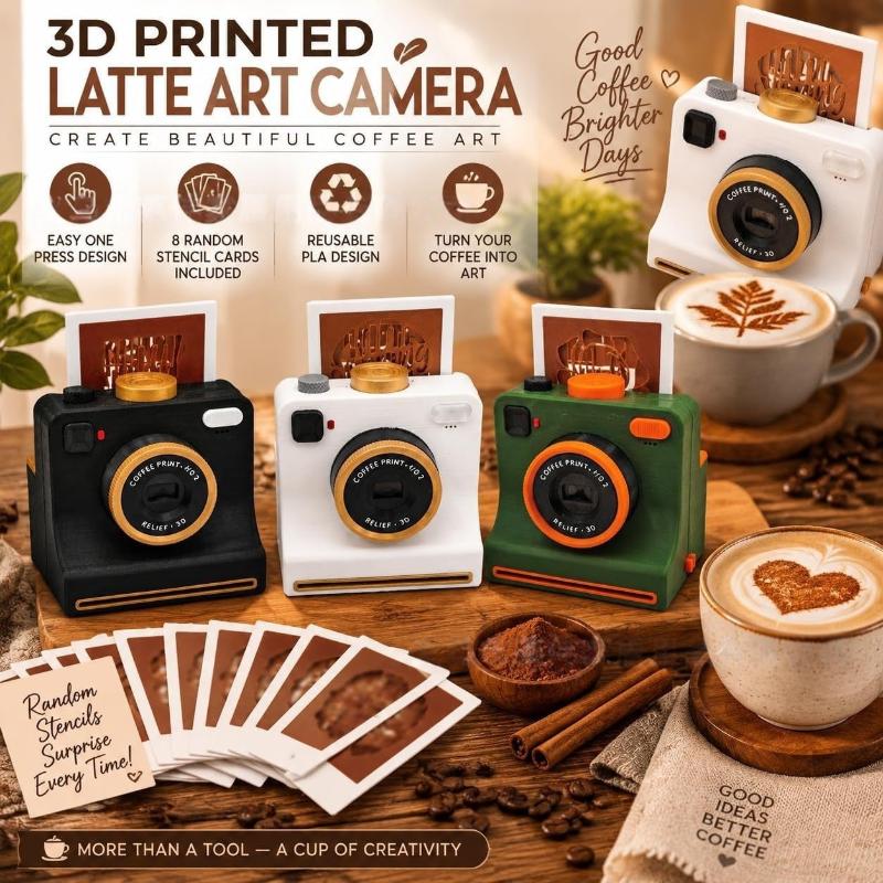 Zábavná 3D tištěná Latte kamera Vyměnitelné karty Stisk jedním dotykem DIY nástroj pro latte art Kamera Vintage vzhled Včetně šablon