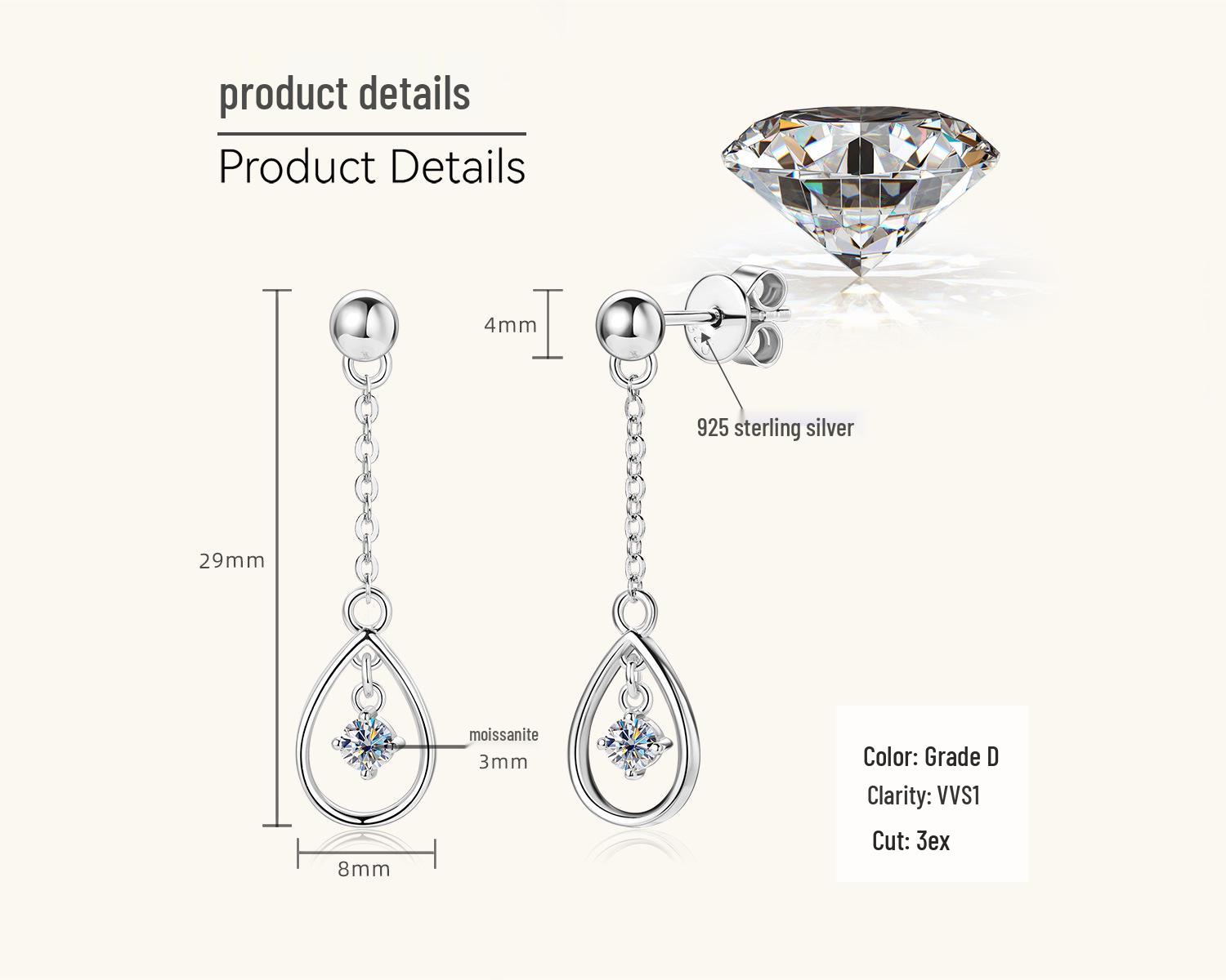 

Korean Design Teardrop Moissanite Stud Earrings: Women s Trendy S925 Sterling Silver Dangle Jewelry. 0.1 Carat + 0.1 Carat білий